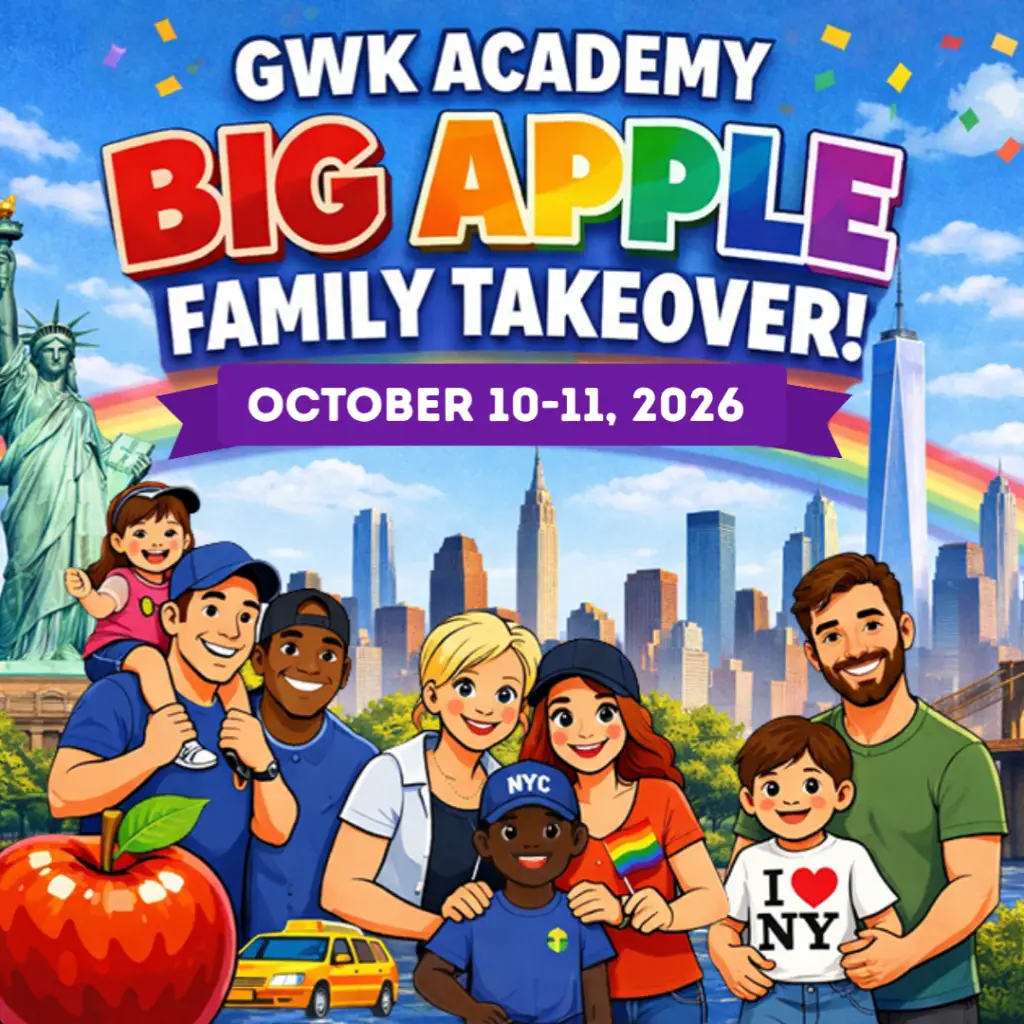 Promo poster for GWK Academy's Big Apple Family Takeover on Oct 10–11, 2026, featuring a diverse family before NYC skyline with Statue of Liberty and rainbow.